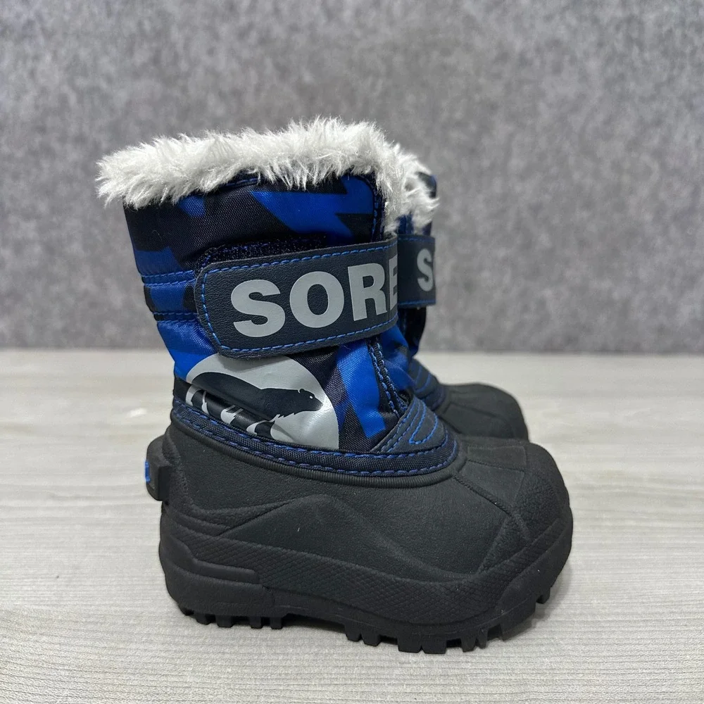 Sorel‎ Snow Commander Boots Kids Size 5 Blue Camo Faux Fur Winter Snow Boots